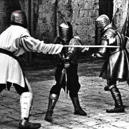 Image similar to medieval sword fight cctv footage, coloured photo