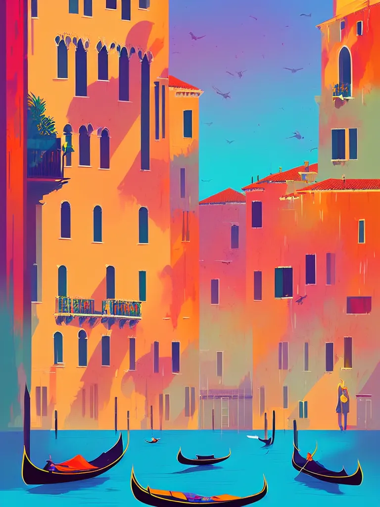 Prompt: a travel poster illustration depicting venice, minimalist, digital painting, vector art, trending on artstration, by anton fadeev, by alena aenami