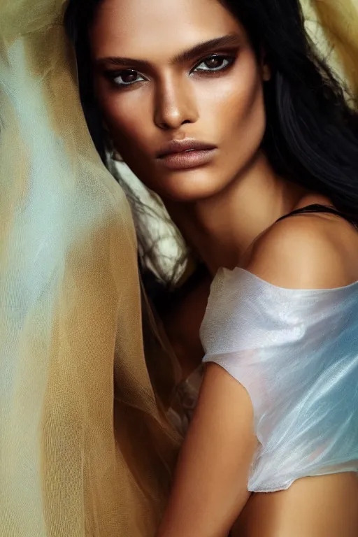 Prompt: A beautiful Brazilan Supermodel, olive skin, long dark hair, beautiful bone structure, intricate, elegant, lying on a silk cloth, fog, volumetric lighting, summer, hyperrealistic, colorful, hyperdetailed.