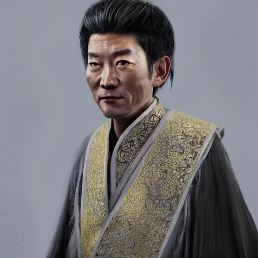 Image similar to portrait painting of a 3 5 - year - old chinese man, taoist priest, a goatee ， dressed in taoist robe, like andy lau, immortal bone, affable ， wenjun lin, unreal engine 5 highly rendered, global illumination, radiant light, detailed and intricate environment