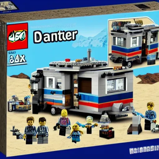 Prompt: walter white rv lego set box realstic