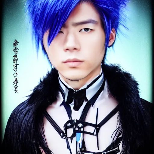 Prompt: a portrait of a handsome young Japanese male wearing a cybergothic outfit with streaks of blue hair