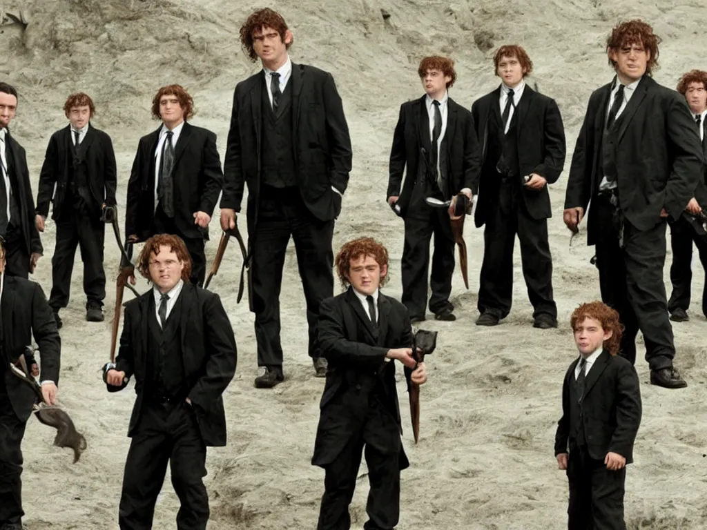 Image similar to hobbits as men in black