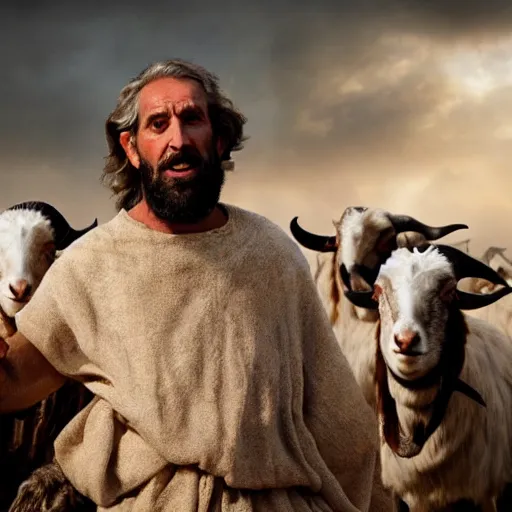 Prompt: Cinematic still portrait of ugly Mediterranean skinned man dressed in Biblical Shepherd Clothing with a flock of goats, Biblical epic film dramatic angles, directed by Steven Spielberg