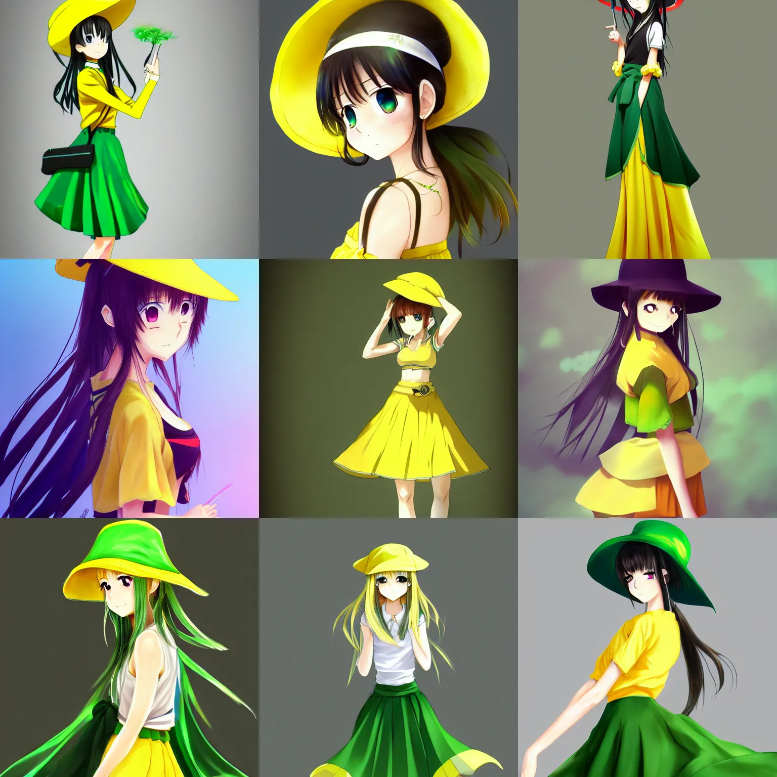 Prompt: beautiful anime girl wearing a long green skirt and a yellow hat, high quality anime art, trending on artstation