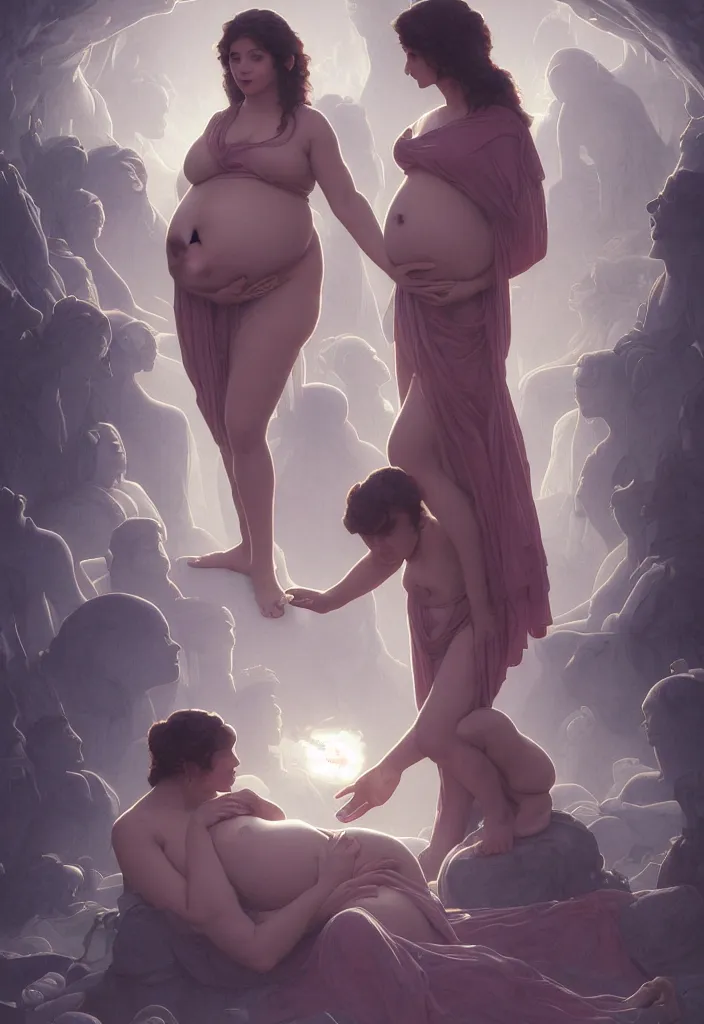 Prompt: epic pregnant woman talking to all her tribe with fluorescence bodies, proud people gather around the pregnant woman, fluorescence bodies, ice cave at night, intricate, elegant, highly detailed, digital painting, artstation, concept art, smooth, sharp focus, illustration, art by artgerm and greg rutkowski and alphonse mucha and william - adolphe bouguereau