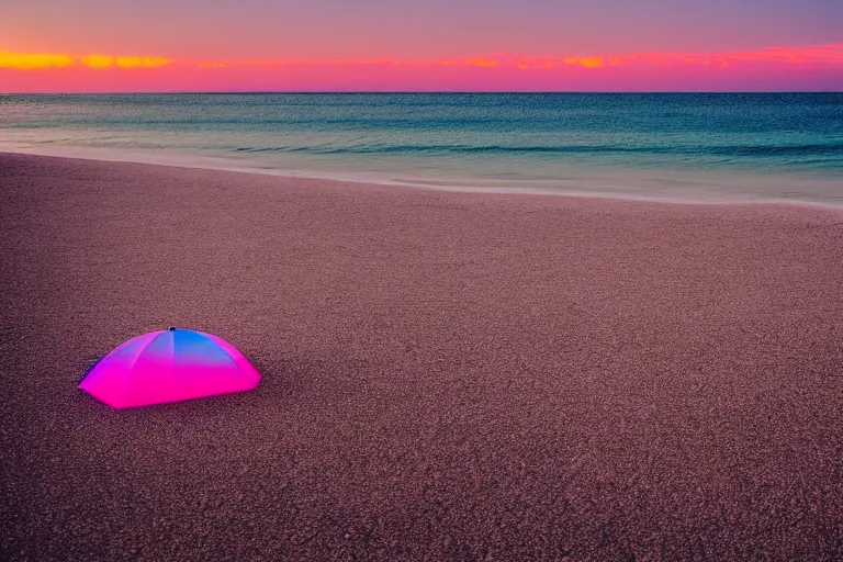 Image similar to a vintage family holiday photo of an empty beach from an alien dreamstate world with pastel pink iridescent!! sand, reflective metallic water and sunbathing equipment at dusk. refraction, volumetric, light.