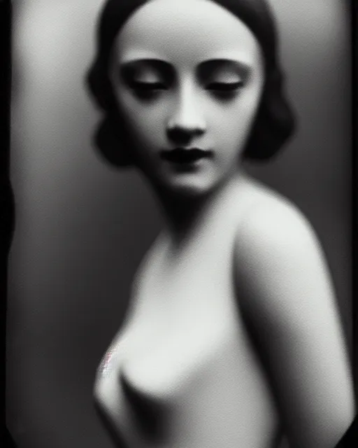 Image similar to [ [ [ tintype ] ] ] black and white dreamy young beautiful female artificial intelligence, metropolis, cinematic, rim light, bokeh, photo - realistic, elegant, high detail, 8 k, masterpiece, photo taken in 1 9 3 0