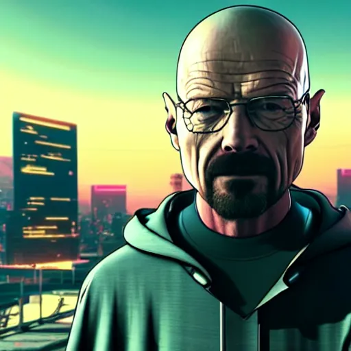 Image similar to walter white from breaking bad in cyberpunk 2 0 7 7 with futuristic city, 4 k, hyper realistic, synthwave, vapor wave, futuristic, advanced