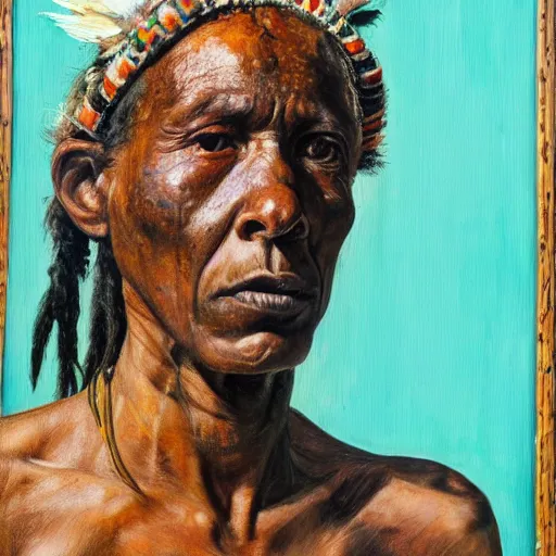 Image similar to high quality high detail painting by lucian freud and jenny saville, hd, full body of a indigenous tribe leader, turquoise color, photorealistic lighting