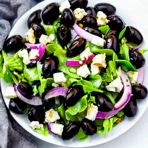 Prompt: a salad with black olives on it