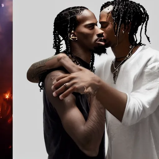 Prompt: studio photo of jesus kissing travis scott, studio portrait