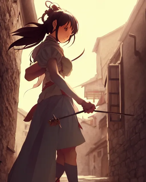 Image similar to pixiv, key anime visual portrait of a young female walking through a medieval village, dynamic pose, dynamic perspective, cinematic, dramatic lighting, detailed silhouette, film grain, yoshitaka amano, tending on artstation, face by yoh yoshinari, detailed, intricate