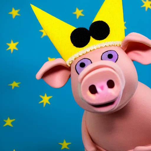 Image similar to studio photograph of a smiling pig depicted as a muppet wearing a gold crown with a yellow background, front view