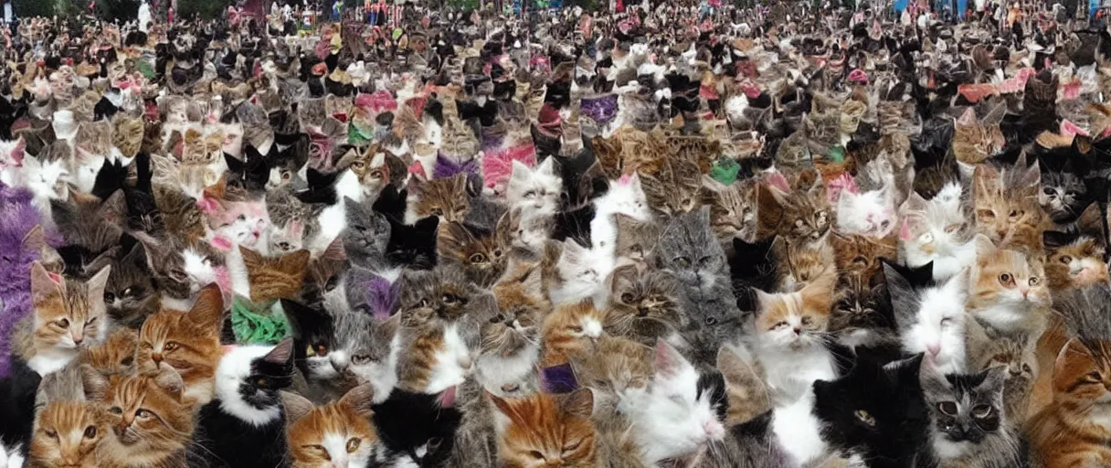 Prompt: music festival full of cats with trendy clothing. no humans, no people, no men.