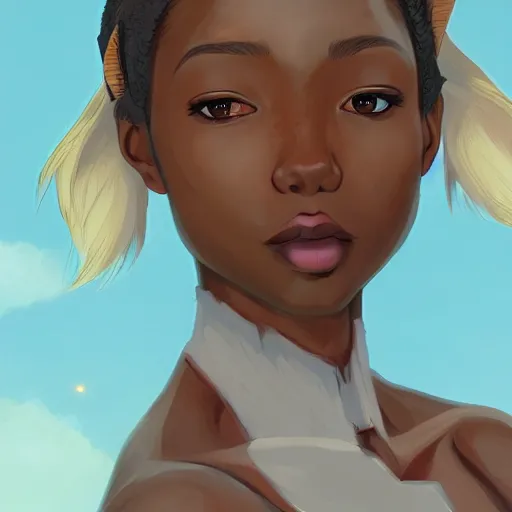 Prompt: portrait of a dark skinned woman with blonde hair and fox ears, wings, highly detailed, digital painting, artstation, matte, by makoto shinkai, animation style, studio ghibli, anime key visual