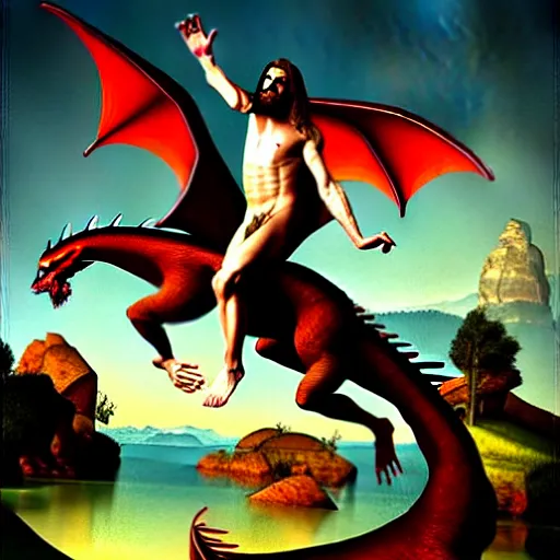 Image similar to Jesus riding a dragon, renaissance painting, fantasy art, digital art