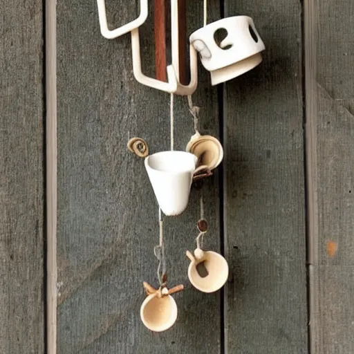 Prompt: This is a sketch of a wind chime made from the pieces of a broken mug. It shows the mug handle as the top piece with strings attached to it, and the bottom pieces of the mug hanging down like little bells