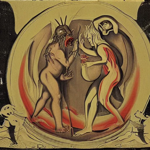 Image similar to a horror vacui depicting birth death God and the devil,