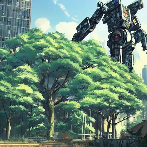 Image similar to A giant robot in city ruins overtaken by vegetation in anime style highly detailed by Makoto Shinkai and Raphael Lacoste