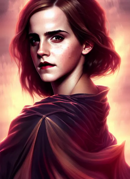 Image similar to portrait of emma watson as a vampire queen, jewelry, greek, black, intricate, headshot, highly detailed, digital painting, artstation, concept art, sharp focus, cinematic lighting, illustration, art by artgerm and greg rutkowski, alphonse mucha, cgsociety