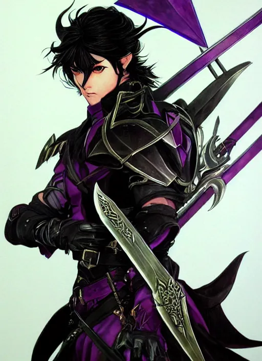 Image similar to Half body portrait of a handsome black haired elven warrior with purple sword. In style of Yoji Shinkawa and Hyung-tae Kim, trending on ArtStation, dark fantasy, great composition, concept art, highly detailed.