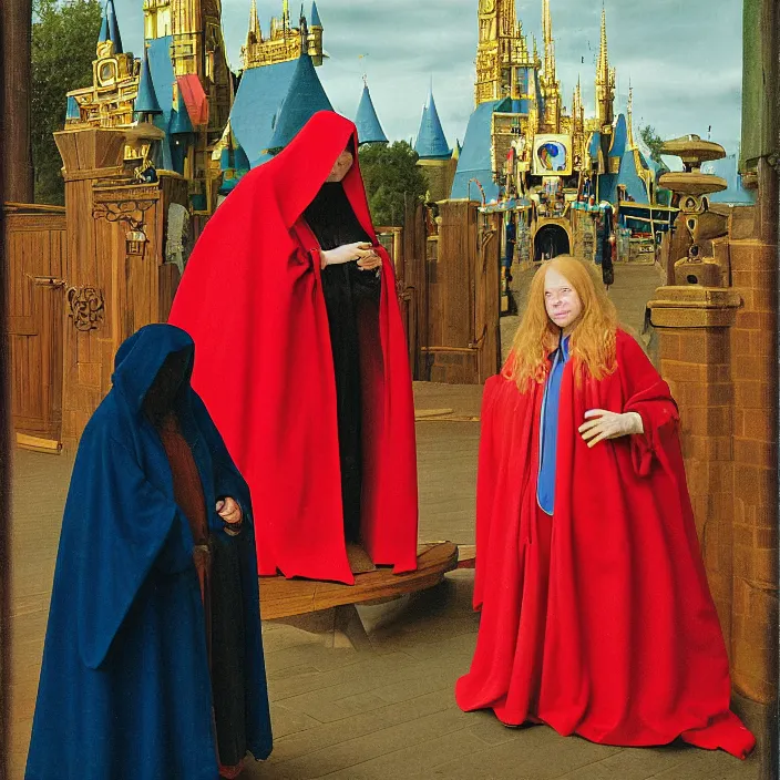 Prompt: a woman in a hooded cloak, at disney world, by jan van eyck, canon eos c 3 0 0, ƒ 1. 8, 3 5 mm, 8 k, medium - format print