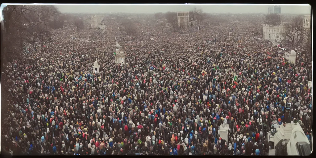 Image similar to a crowd of 6 0, 0 0 0 protesting around the white house, bird's eye view, polaroid, 6 0's, hyperrealism, no blur, 4 k resolution, ultra detailed