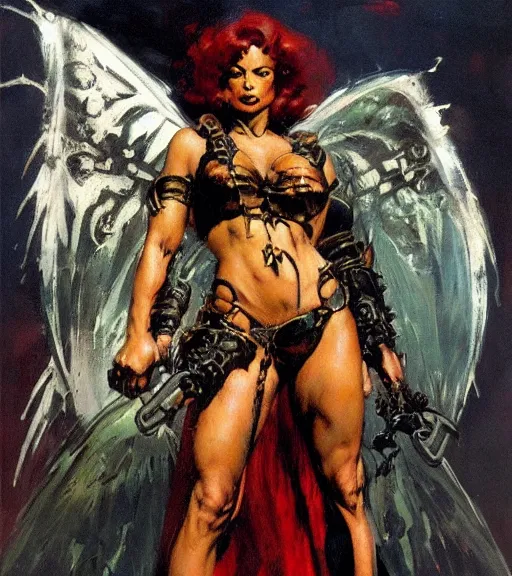 Image similar to portrait of strong female chaos angel, beautiful! coherent! by frank frazetta, by brom, strong line, deep color, spiked metal armor, maximalist