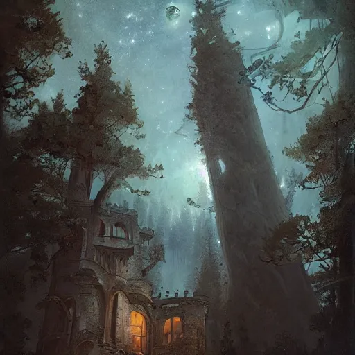 Image similar to a renaissance castle in a forest with a glowing night sky, upward angle, by eve ventrue