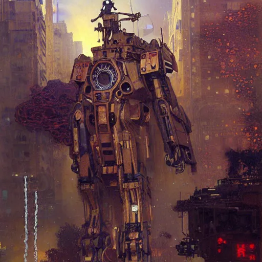 Image similar to six meters tall mech fighting in an urban environment, highly detailed painting by gaston bussiere craig mullins jc leyendecker gustav klimt artgerm greg rutkowski john berkey, bergey, craig mullins, ruan jia, raymond swanland, jeremy mann, tom lovell, alex malveda