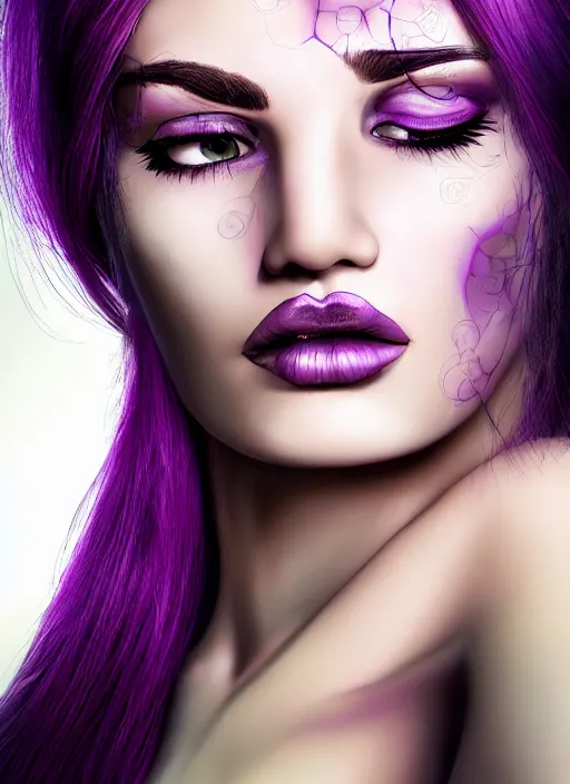 Image similar to photorealistic 3 0 0 0 cyclopes beautiful female with purple hair portrait photography feroflex photorealistic studio lighting ektachrome detailed intricate face details, ultradetails, beautiful face, realistic shaded perfect face, extremely fine details