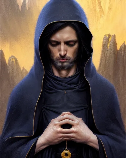 Image similar to handsome mage meditating holding a tellurion!, long black hair blue eyes wearing leather mantle gothic navy cloak with gold details, cliffside town, fantasy character portrait, hyperrealism, concept art, intricate details, highly detailed by greg rutkowski, ilya kuvshinov, gaston bussiere, craig mullins, simon bisley