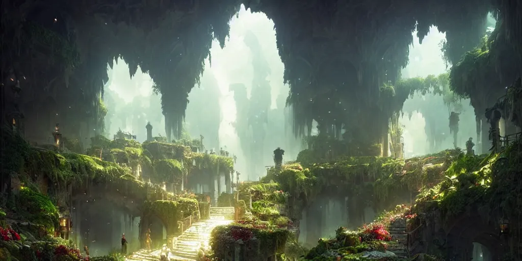 Image similar to City hidden in a cave, natural light, lush plants and flowers, elegant, intricate, fantasy, atmospheric lighting, by Greg rutkowski