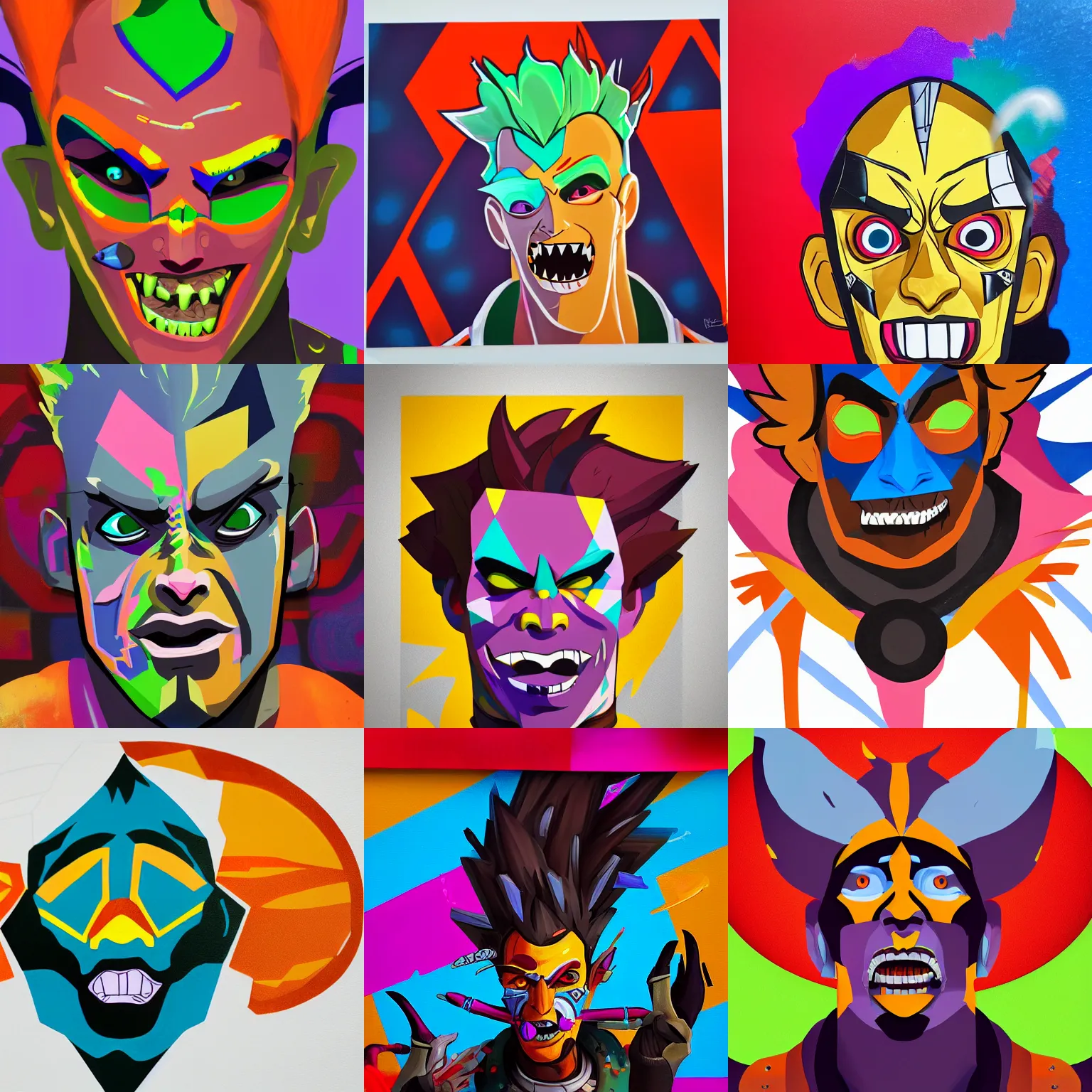 Prompt: A portrait of Junkrat from Overwatch, geometric shapes, vibrant colors, spray paint, rounded corners