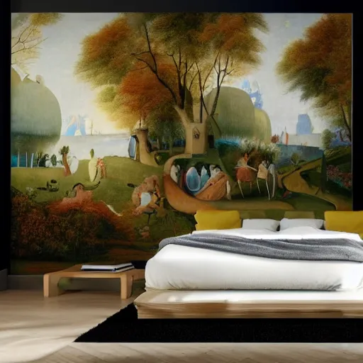 Image similar to a bedroom decorated with wall murals painted by bosch, 4 k