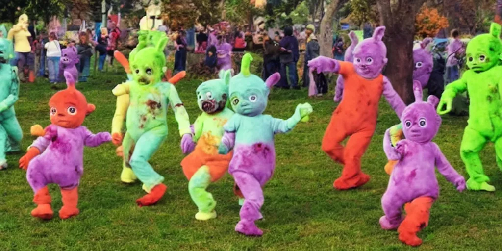 Prompt: zombie teletubbies attacking people