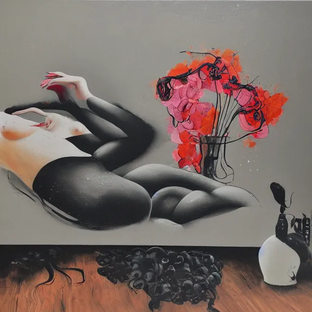 Image similar to empty room with black walls, sensual portrait of a woman sleeping, japanese vase, old flowers, puddle of water, octopus, squashed berries, neo - expressionism, surrealism, acrylic and spray paint and oilstick on canvas