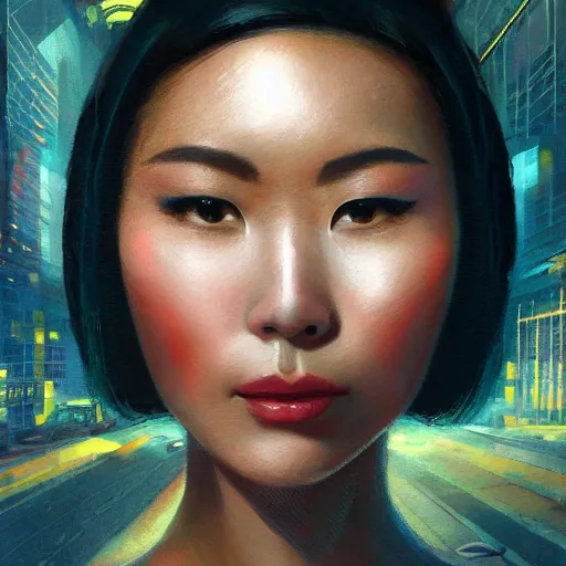 Image similar to detailed face of an asian woman, clockwork, moment, tectonic sky, skydome, bullet train, turbines, utopian, tech noir, wet reflections, prism, atmospheric, ambient, pj crook, syd mead, livia prima, artgerm, greg rutkowski, nick alm, casey baugh