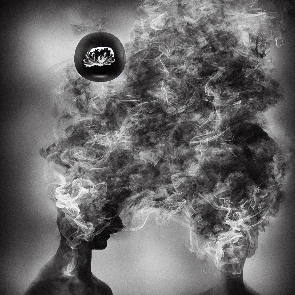 Prompt: my head is a smoke sphere. artwork, surrealist, metaphysical, metaphorical, ephemeral, atmospheric, symbolic art.