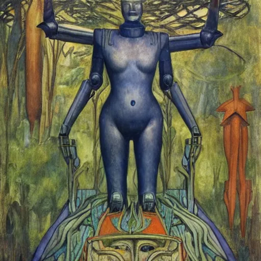 Prompt: the robot on her forest throne, by Annie Swynnerton and Diego Rivera, symbolist, dramatic lighting, elaborate geometric ornament, Art Brut ,god rays, soft cool colors,smooth, sharp focus, extremely detailed, Adolf Wölfli