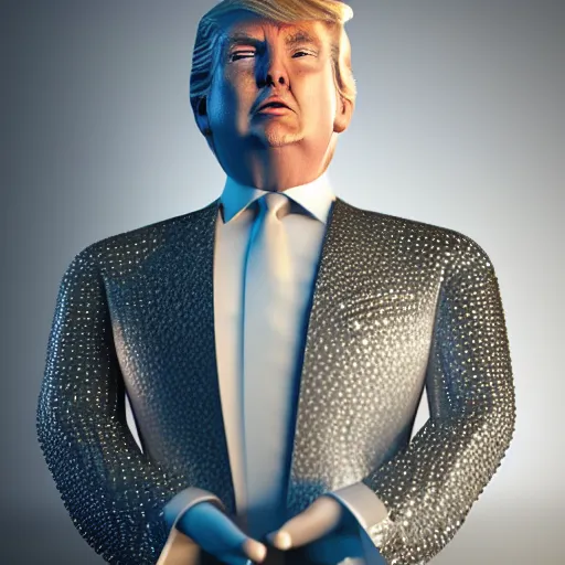 Image similar to donald trump full body detailed, ethereal, biomechanical, covered in diamonds and other gems glowing, highly detailed face, elegant posed, intricate, extremy detailed, beeple, cgsociety, 3 d unreal engine octane render. cinematic lighting, highly detailed 4 k art