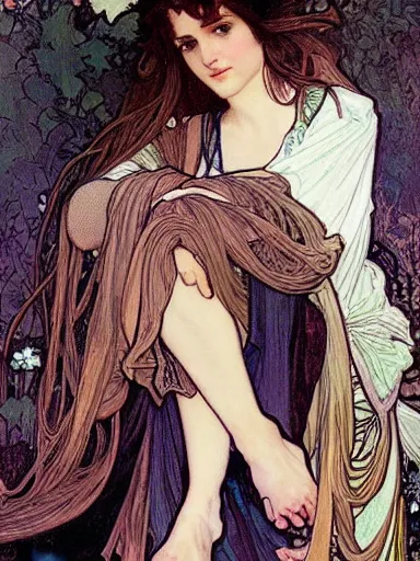 Image similar to a beautiful painting of young winona ryder by Alphonse Mucha and by Mark Brooks and by john william waterhouse and by arthur rackham, Art Nouveau, Neo-Gothic, gothic, award winning painting, hyperdetailed, detailed