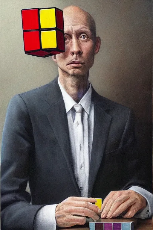 Prompt: a hyper - realistic hyper - detailed fine painting of a man wearing a suit and with a rubik's cube head, ultra - realistic detailed surrealism, magical realism