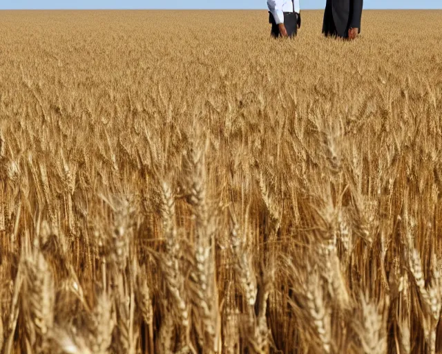 Image similar to extreme long shot of walter white and gustavo fring standing facing each other from a distance in a wheat field, low angle, side view, perfect angle, 8 5 mm photograph, 8 k resolution, wide shot, sharp lens, high detail, cinematic