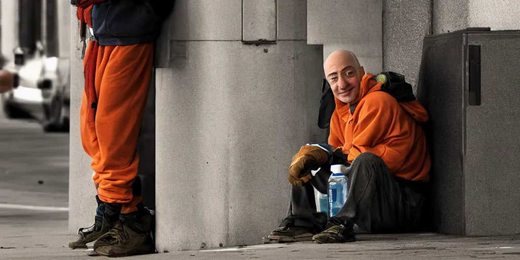 Prompt: homeless jeff bezos, focused shot, realistic, octane render