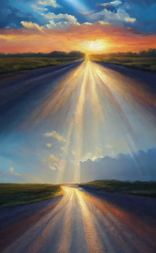 Prompt: paperback book cover. oil painting. pure colors, melting clouds, accurately drawn details, a sunburst above a receding road with the light reflected in furrows and ruts, after rain. photorealistic. octane render. cinematic. trending on artstation. textless.