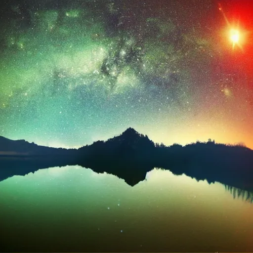 Image similar to lake that is reflecting the cosmos at night with countless stars, superior quality, intricate quality, viscous liquid, surreal, highly detailed, real camera, real photo, award winning quality, 8 k, art by artstation