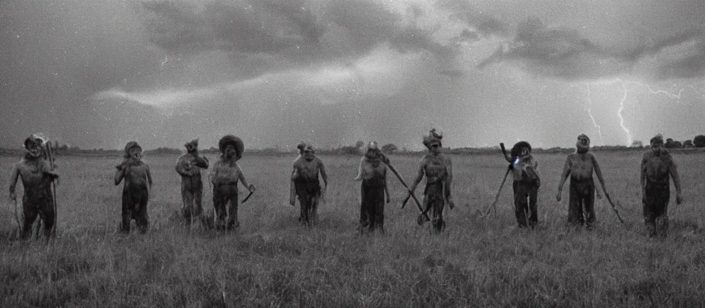 Prompt: 1 3 mm film photograph of a group of clowns in a field holding machetes, liminal, dark, thunderstorm lightning, dark, flash on, blurry, grainy, unsettling