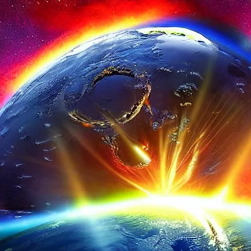 Image similar to Enormous alien ship shoots plasma beam and obliterates the Earth, realistic view from space